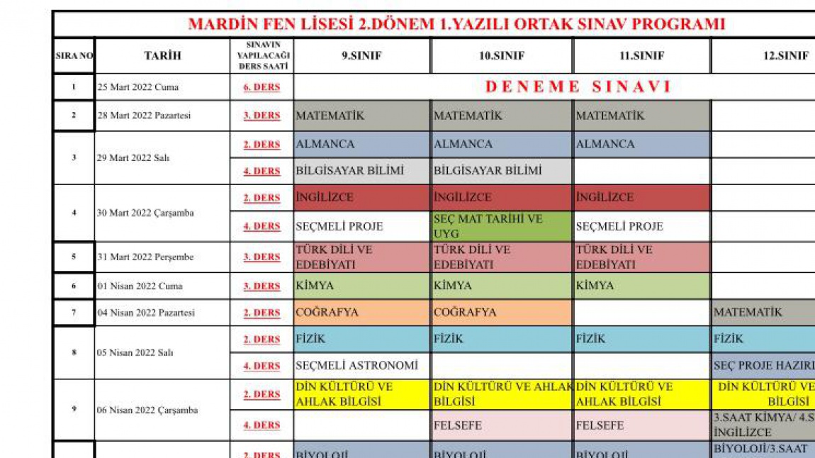 MARDİN FEN LİSESİ SINAV TARİHLERİ